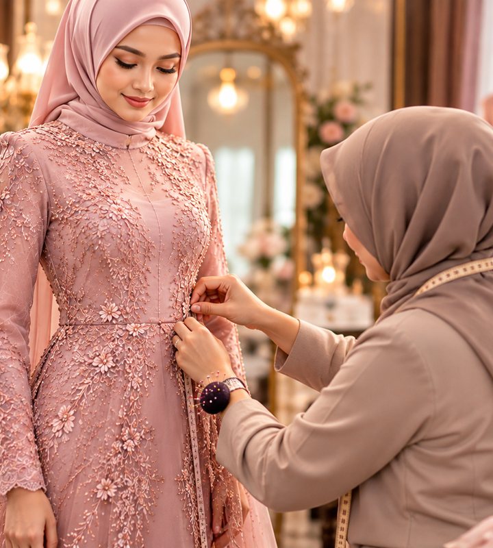 Tukang jahit berhijab sedang membuat fitting dan alteration pada baju lace dusty pink pelanggan
