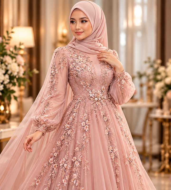 Dress tulle dusty pink berlengan belon dengan sulaman bunga 3D