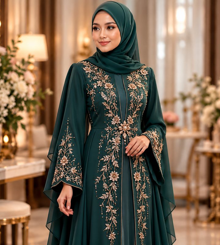 Jubah hijau zamrud berlengan kelawar dengan sulaman manik emas