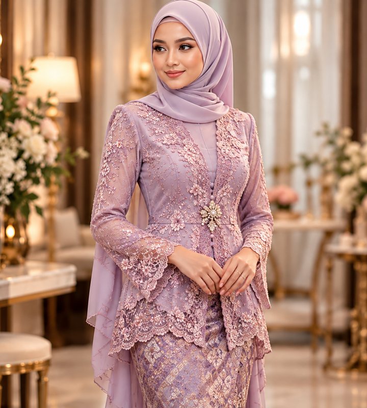 Kebaya lace lilac dengan kerongsang mutiara dan kain songket