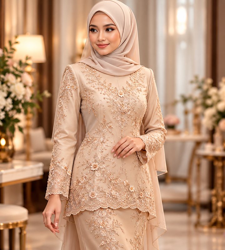 Baju kurung moden lace berwarna nude dengan sulaman bunga timbul