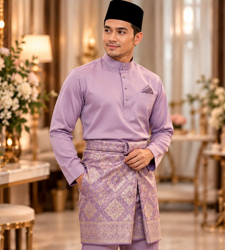 Baju Melayu lilac lengkap bersamping songket dan songkok