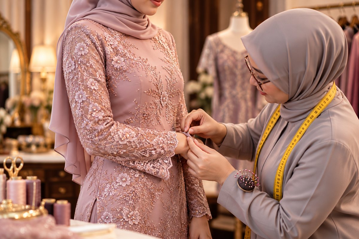 Tukang jahit berhijab sedang membetulkan lengan baju kurung lace dusty pink pelanggan