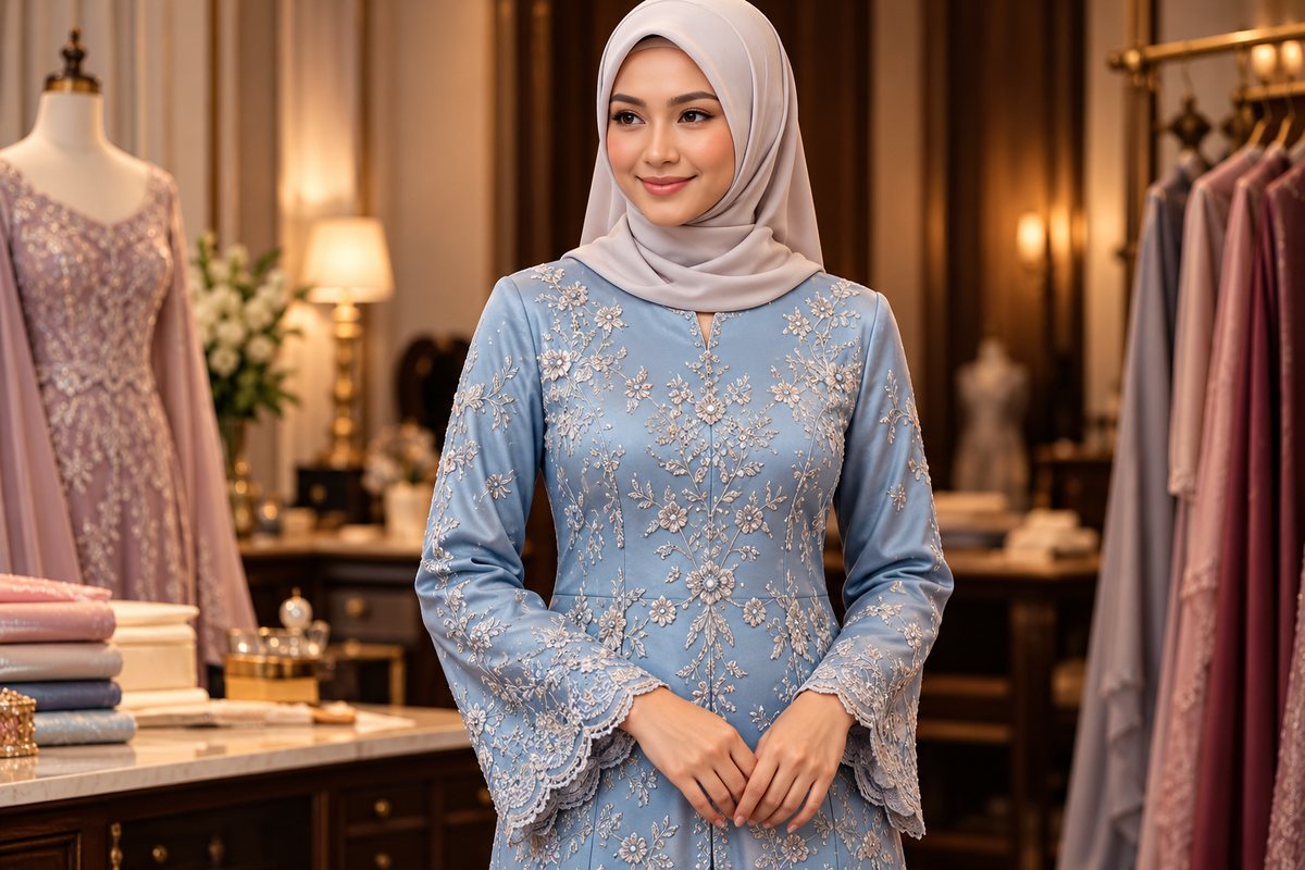 Wanita berhijab memakai baju kurung biru berlace yang dijahit custom di butik