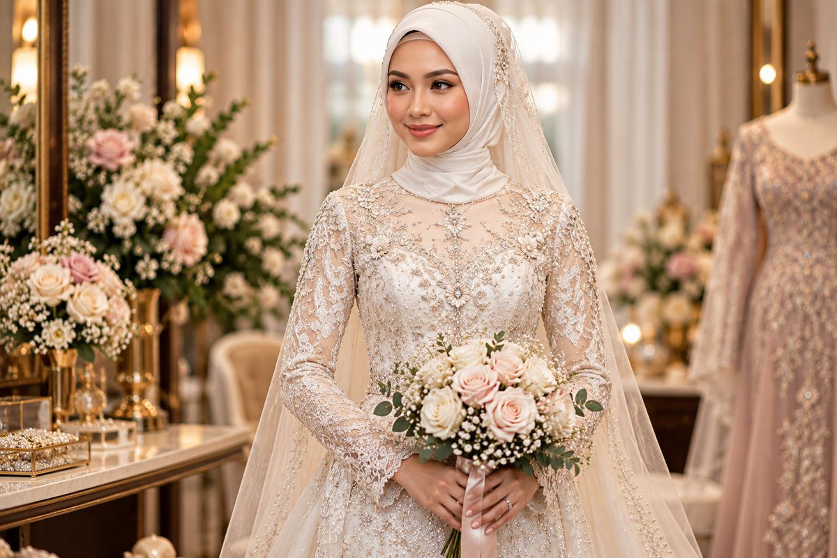 Pengantin berhijab memakai baju nikah lace putih dan veil sambil memegang jambangan bunga ros