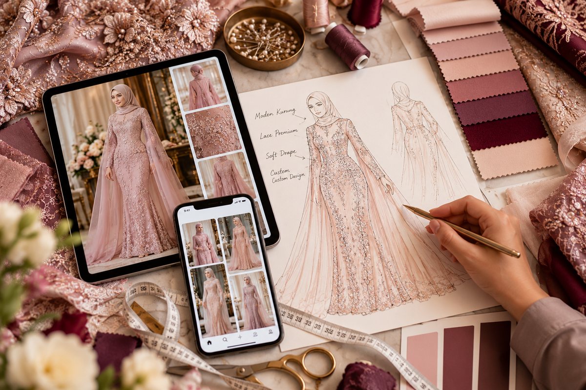 Gambar rujukan di tablet dan telefon di sebelah lakaran rekaan baju kurung lace, sampel kain dan pita ukur